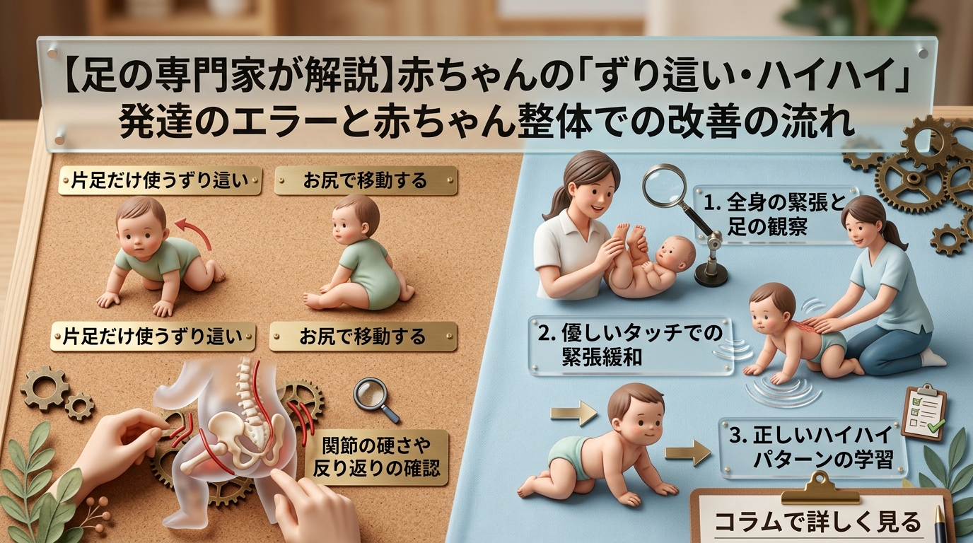 【足の専門家が解説】赤ちゃんの「ずり這い・ハイハイ」発達のエラーと赤ちゃん整体での改善の流れ 画像